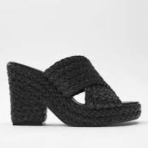 Women's Black Woven Block Heel Mules Zara Espadrille Chunky Slides